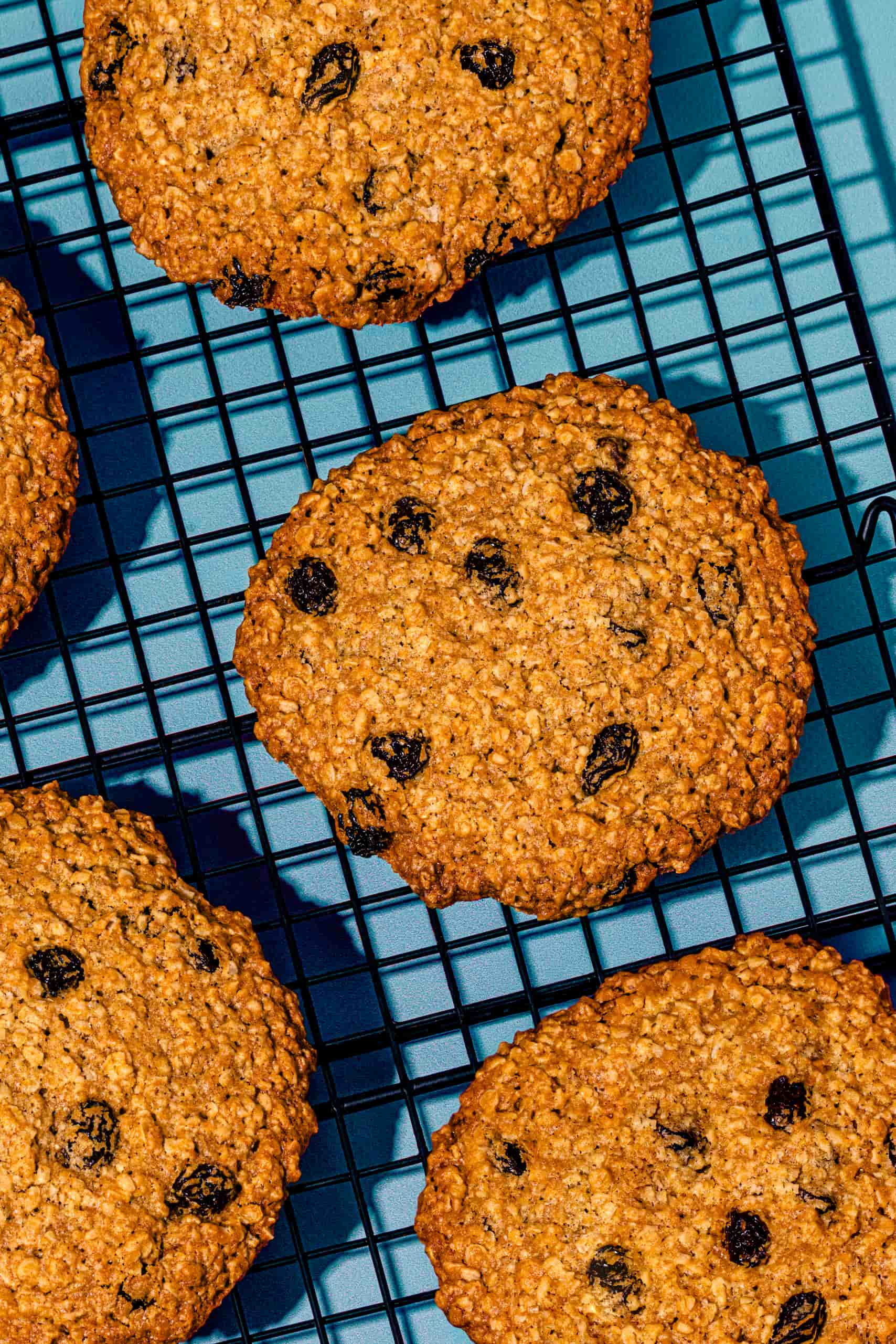 Plusieurs galettes à l'avoine et aux raisins secs refroidissant sur une grille noire