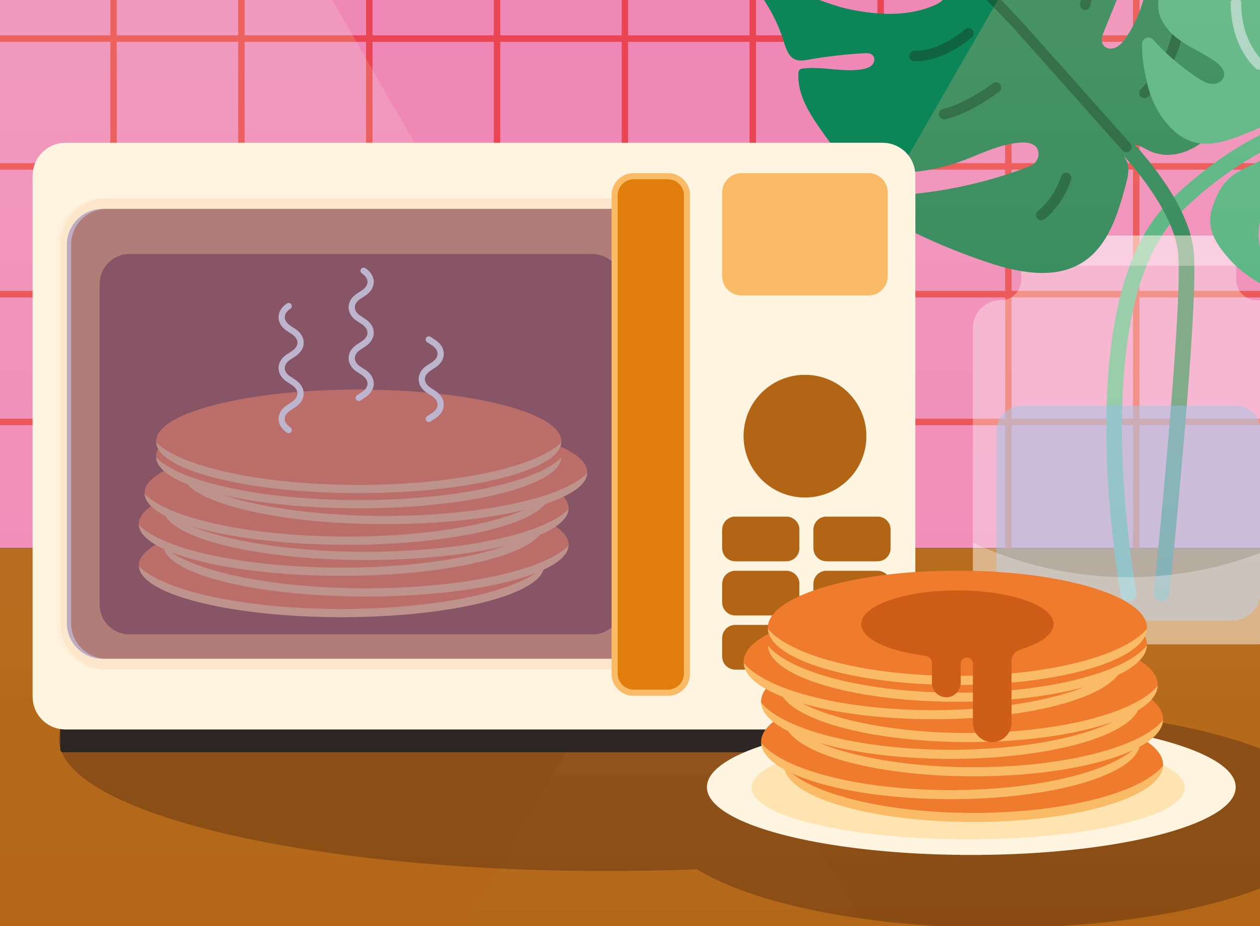 Illustration d'une pile de crêpes qui cuisent dans un four à micro-ondes