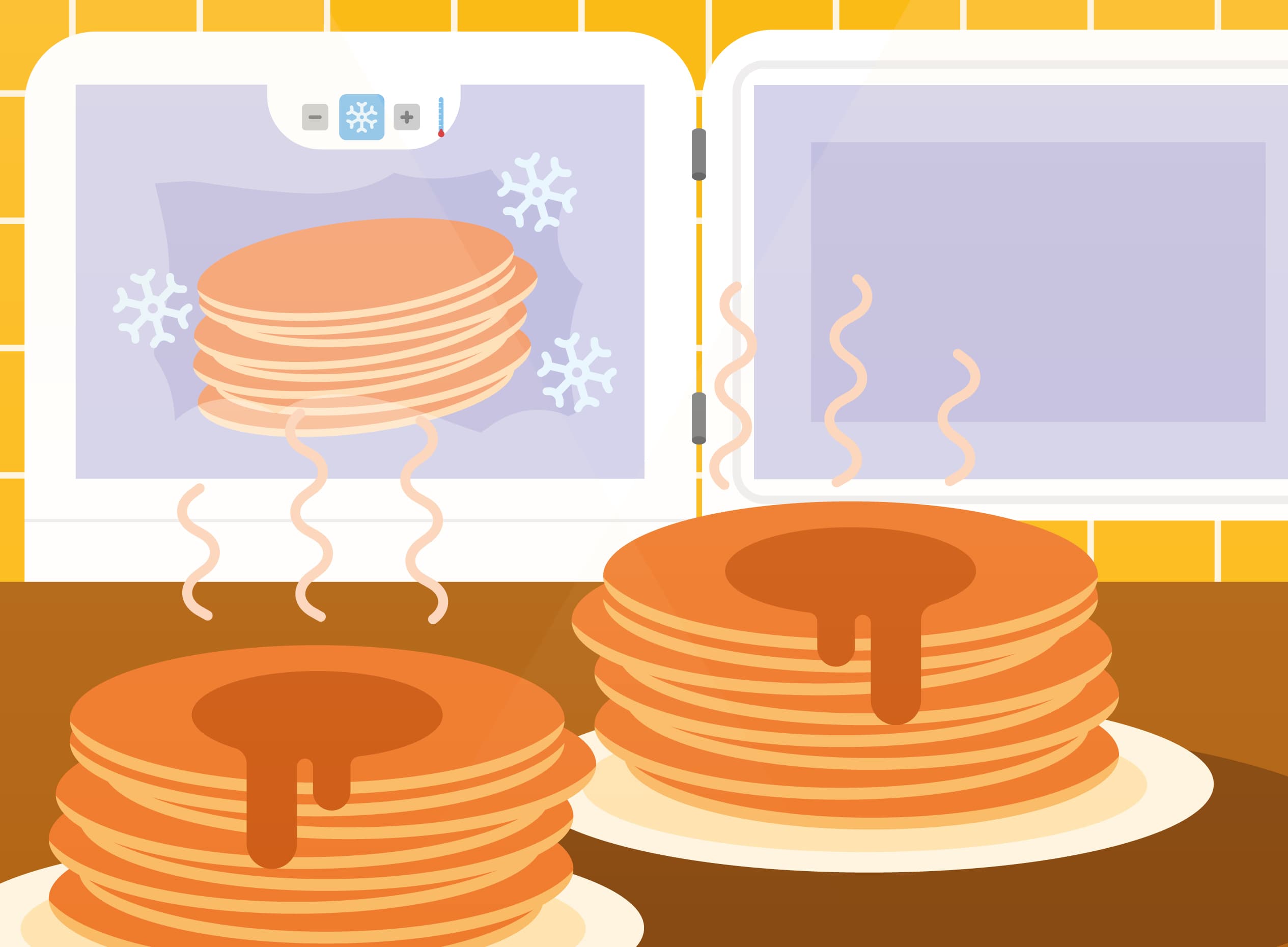 Illustrations d'une pile de crêpes qui décongèlent en sortant du congélateur visible en arrière-plan.