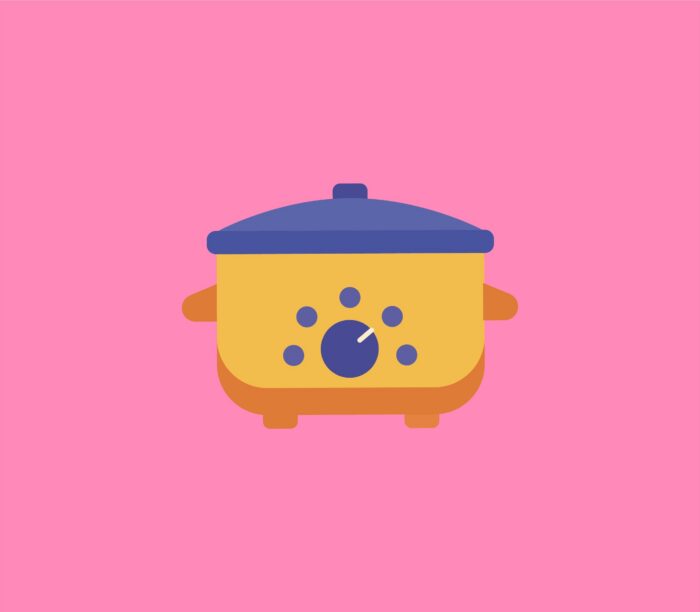 Illustration d’une mijoteuse jaune et bleue sur fond rose.