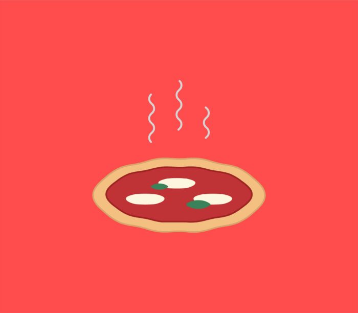 Illustration d’une pizza sur fond rouge.