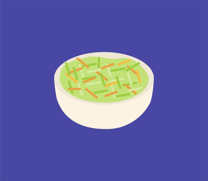 Illustration d’un bol de salade de chou sur fond bleu violet.