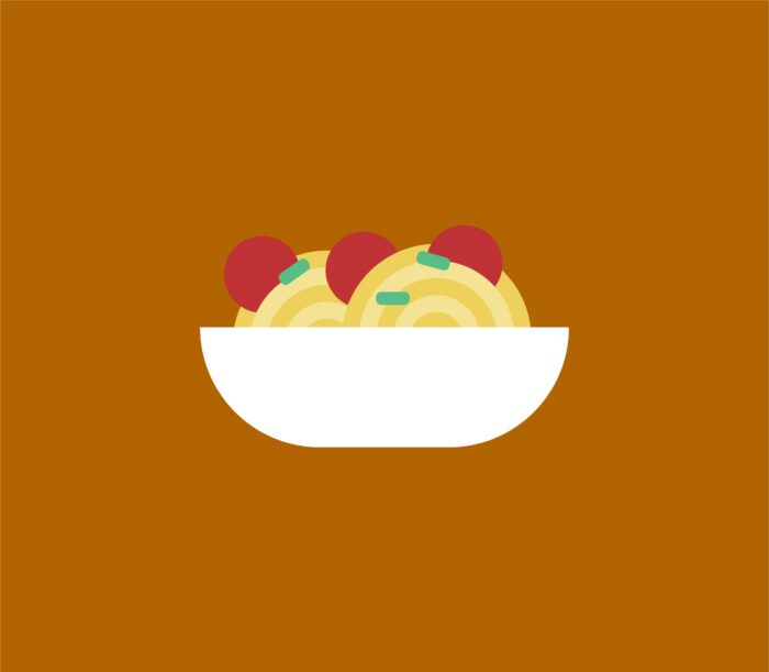 Illustration d’un bol de pâtes à la sauce tomate sur fond brun.