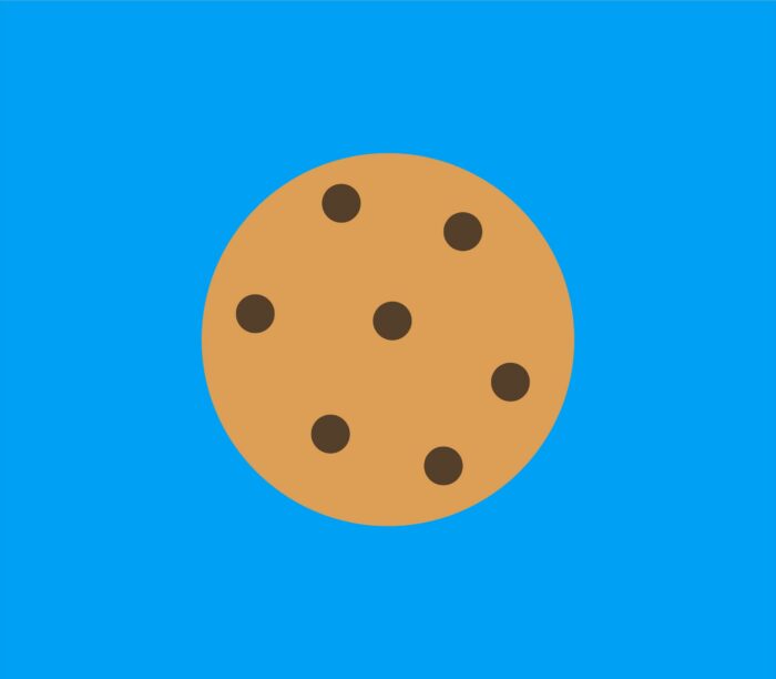 Illustration d’un biscuit aux pépites de chocolat sur fond bleu.