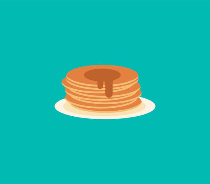 Illustration d’une pile de crêpes avec sirop sur fond turquoise.
