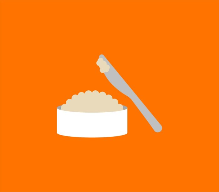 Illustration d’un bol de cretons avec un couteau sur fond orange.