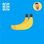 Illustration d’une paire de bananes sur fond bleu, avec le logo du balado C’est Bon Bon Bon et le portrait d’Hubert Cormier.