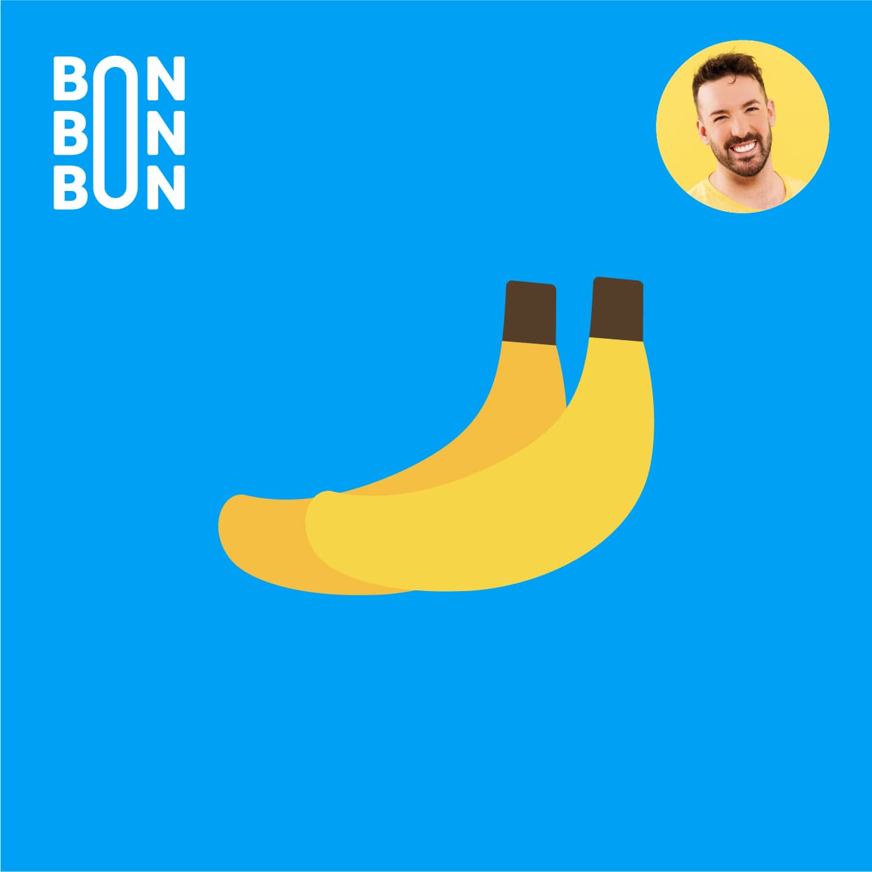 Illustration d’une paire de bananes sur fond bleu, avec le logo du balado C’est Bon Bon Bon et le portrait d’Hubert Cormier.