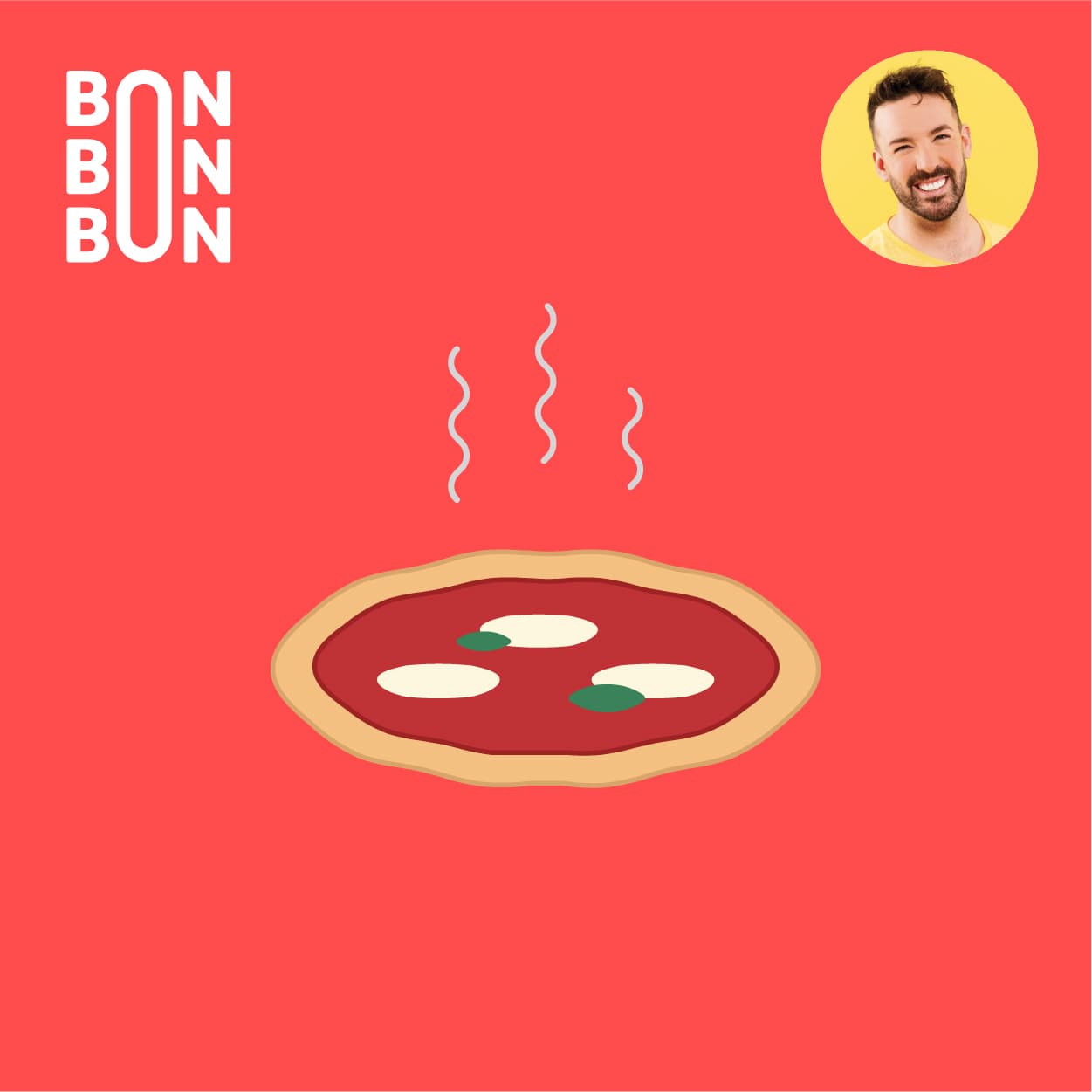 Illustration d’une pizza sur fond rouge, avec le logo du balado C’est Bon Bon Bon et le portrait d’Hubert Cormier.