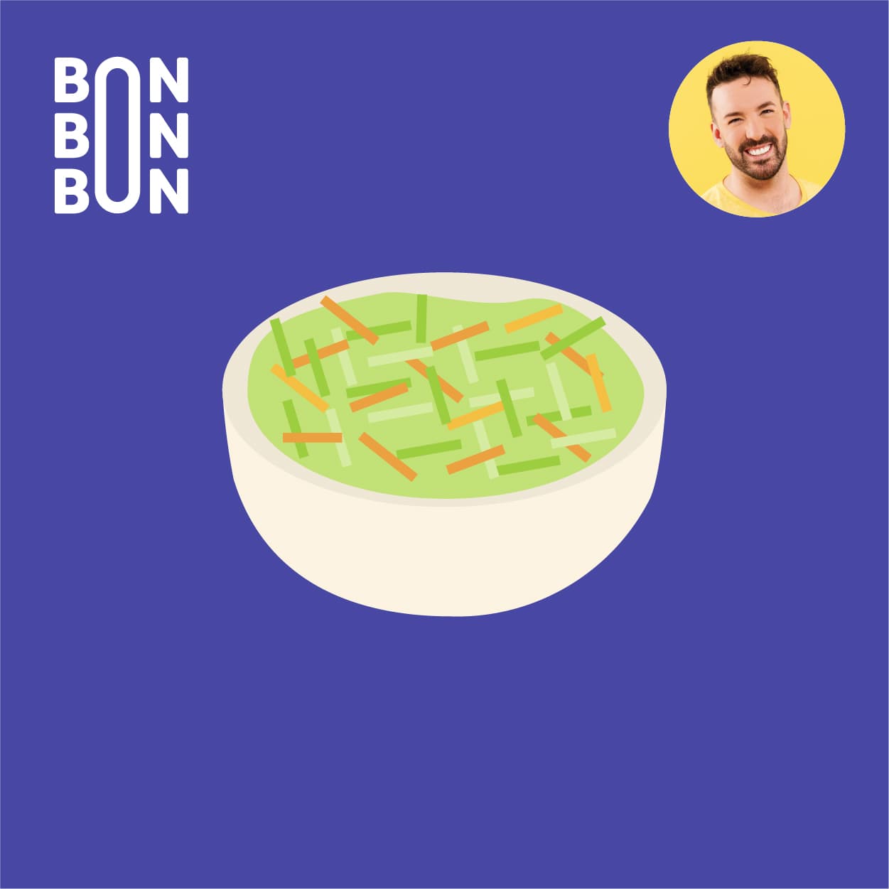 Illustration d’un bol de salade de chou sur fond bleu violet, avec le logo du balado C’est Bon Bon Bon et le portrait d’Hubert Cormier.