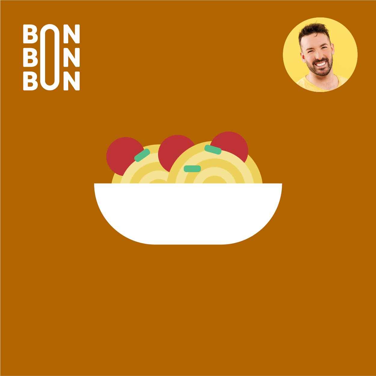 Illustration d’un bol de pâtes sauce à spaghetti sur fond brun, avec le logo du balado C’est Bon Bon Bon et le portrait d’Hubert Cormier.