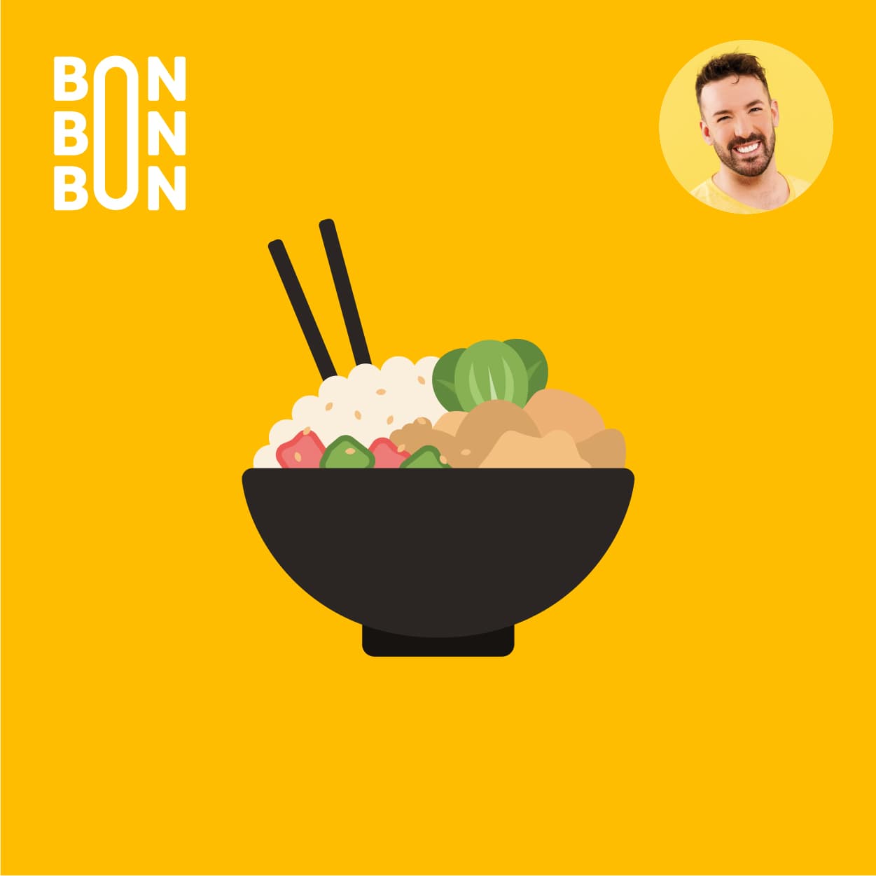 Illustration d’un bol de Général Tao avec baguettes sur fond jaune, avec le logo du balado C’est Bon Bon Bon et le portrait d’Hubert Cormier.