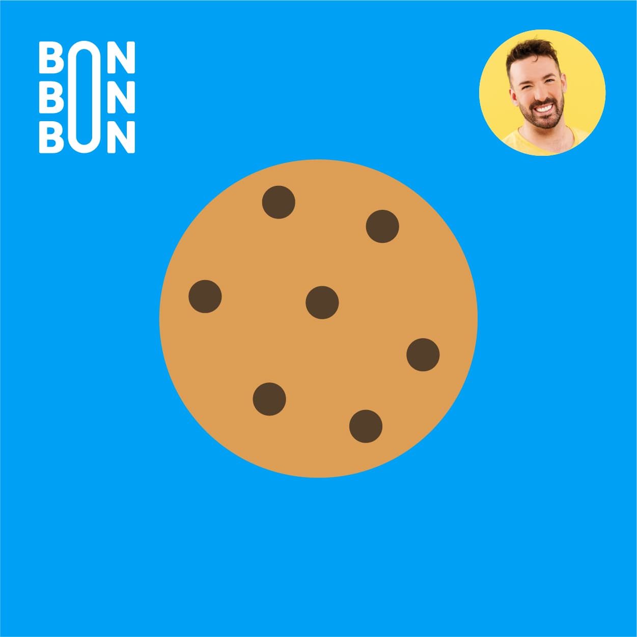 Illustration d’un biscuit aux pépites de chocolat sur fond bleu, avec le logo du balado C’est Bon Bon Bon et le portrait d’Hubert Cormier.