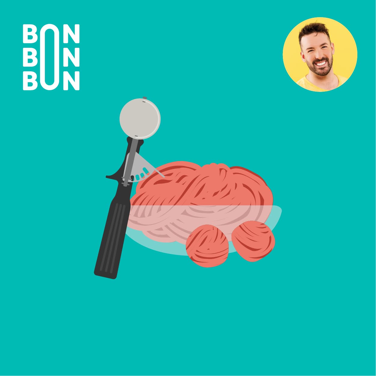 Illustration d’un bol en verre rempli de viande hachée avec une portionneuse et deux boulettes de viande sur fond turquoise, avec le logo du balado C’est Bon Bon Bon et le portrait d’Hubert Cormier.