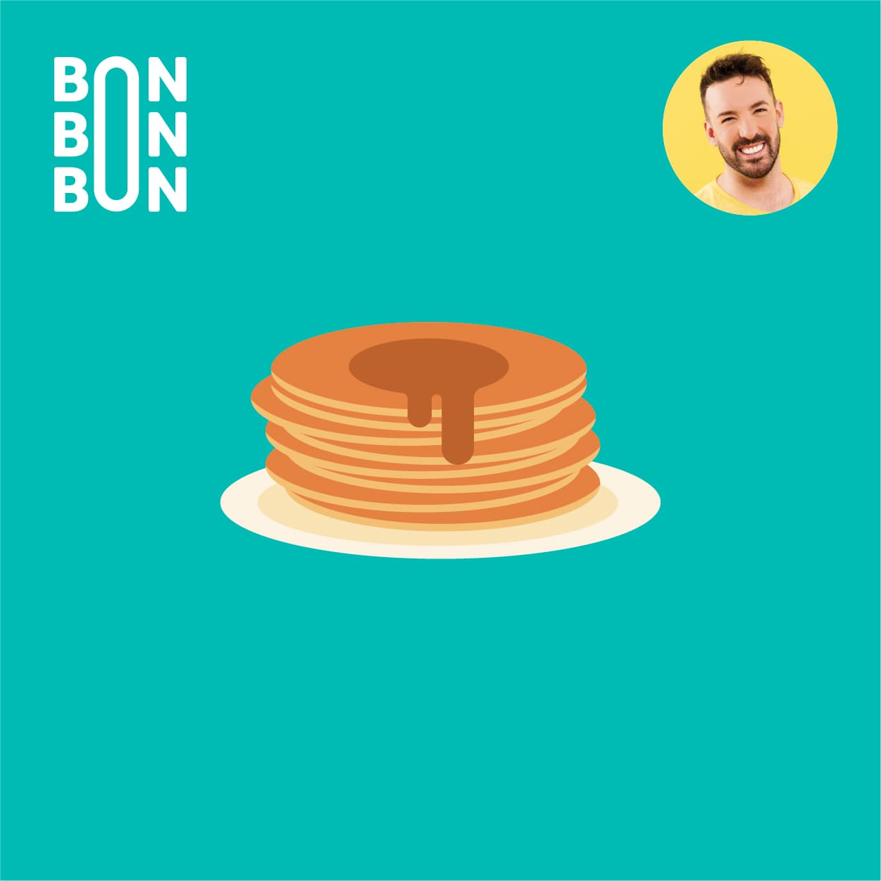 Illustration d’une pile de crêpes avec sirop sur fond turquoise, avec le logo du balado C’est Bon Bon Bon et le portrait d’Hubert Cormier.