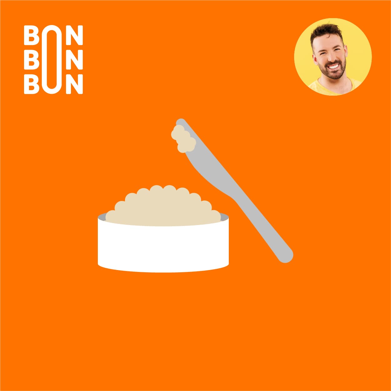 Illustration d’un bol de cretons avec couteau sur fond orange, avec le logo du balado C’est Bon Bon Bon et le portrait d’Hubert Cormier.