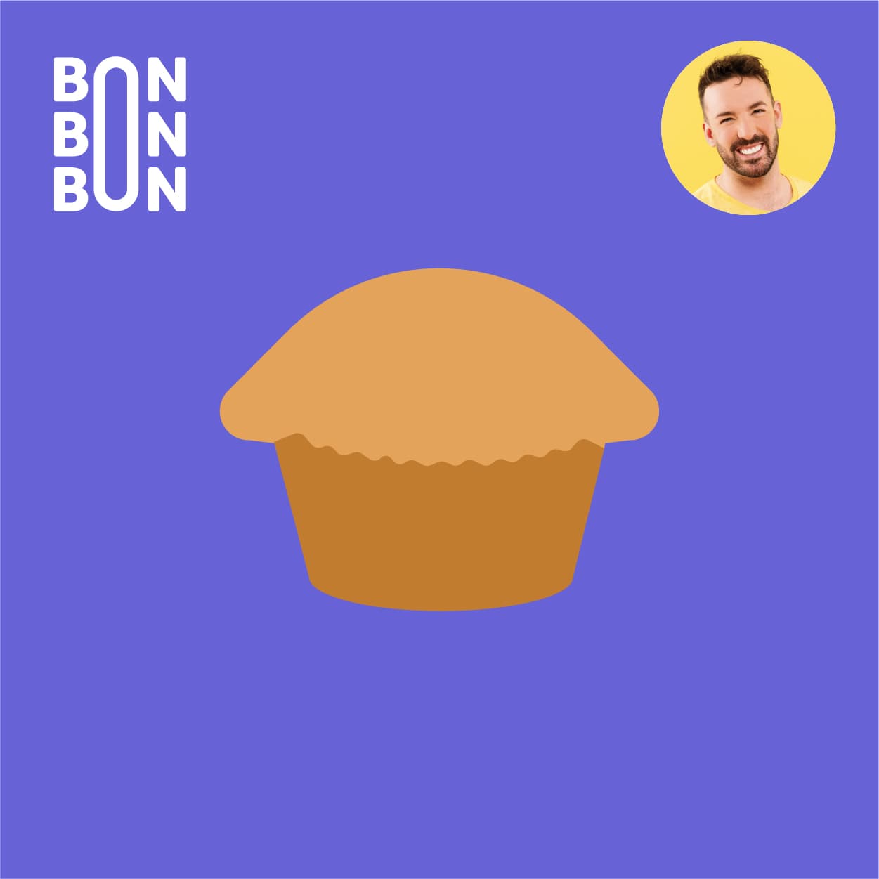Illustration d’un muffin sur fond mauve, avec le logo du balado C’est Bon Bon Bon et le portrait d’Hubert Cormier.