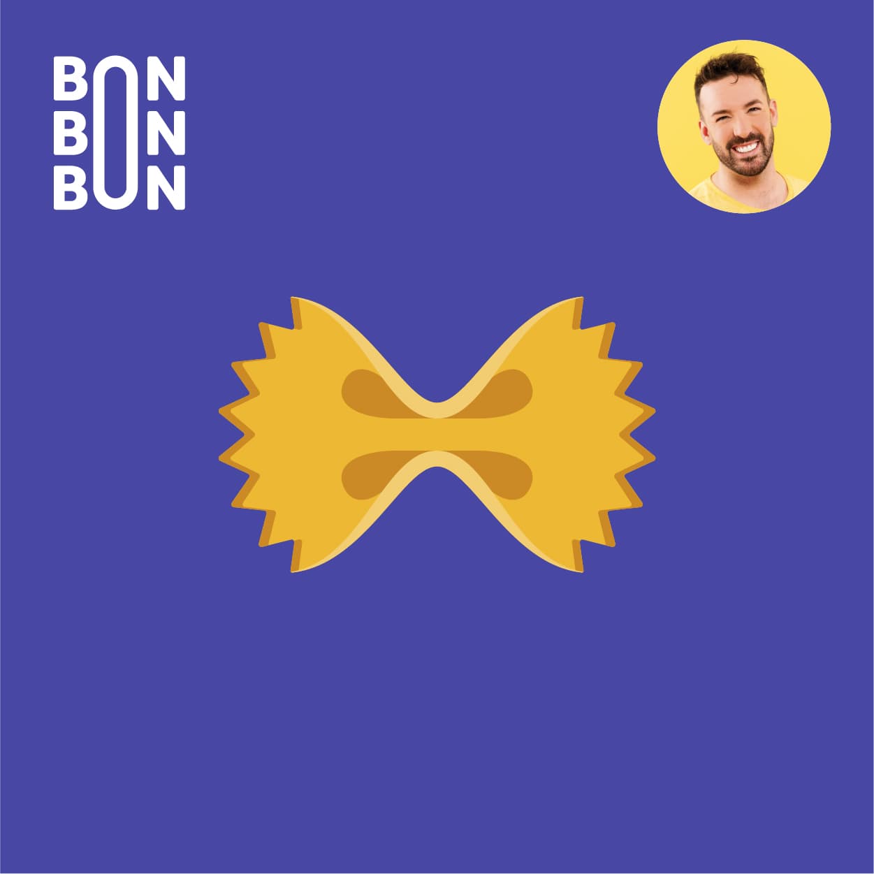 Illustration d’un morceau de pâte alimentaire en forme de farfalle sur fond bleu violet, avec le logo du balado C’est Bon Bon Bon et le portrait d’Hubert Cormier.