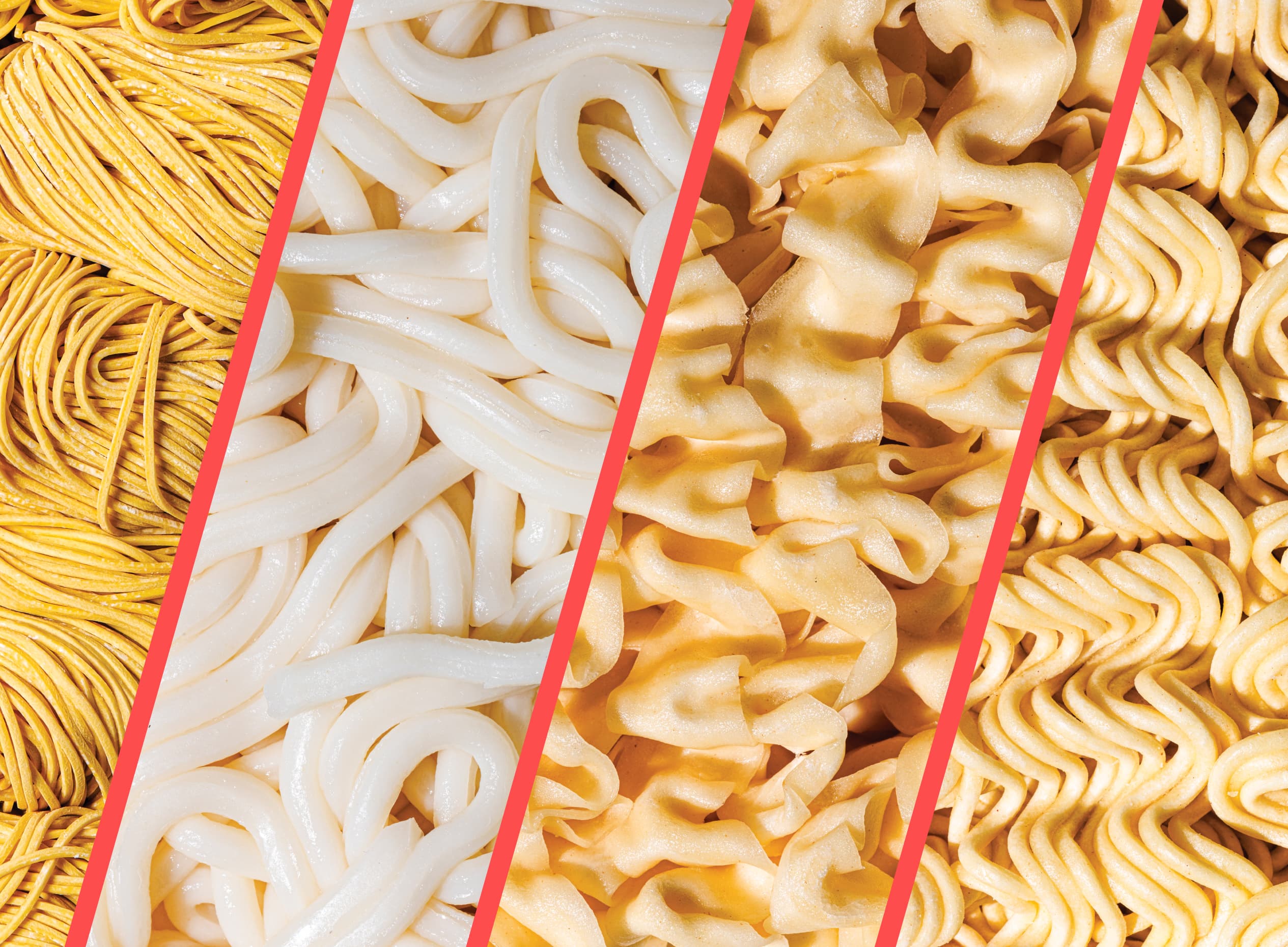 Comparaison visuelle de différents types de nouilles, dont des nouilles ramen, udon et pâtes frisées.