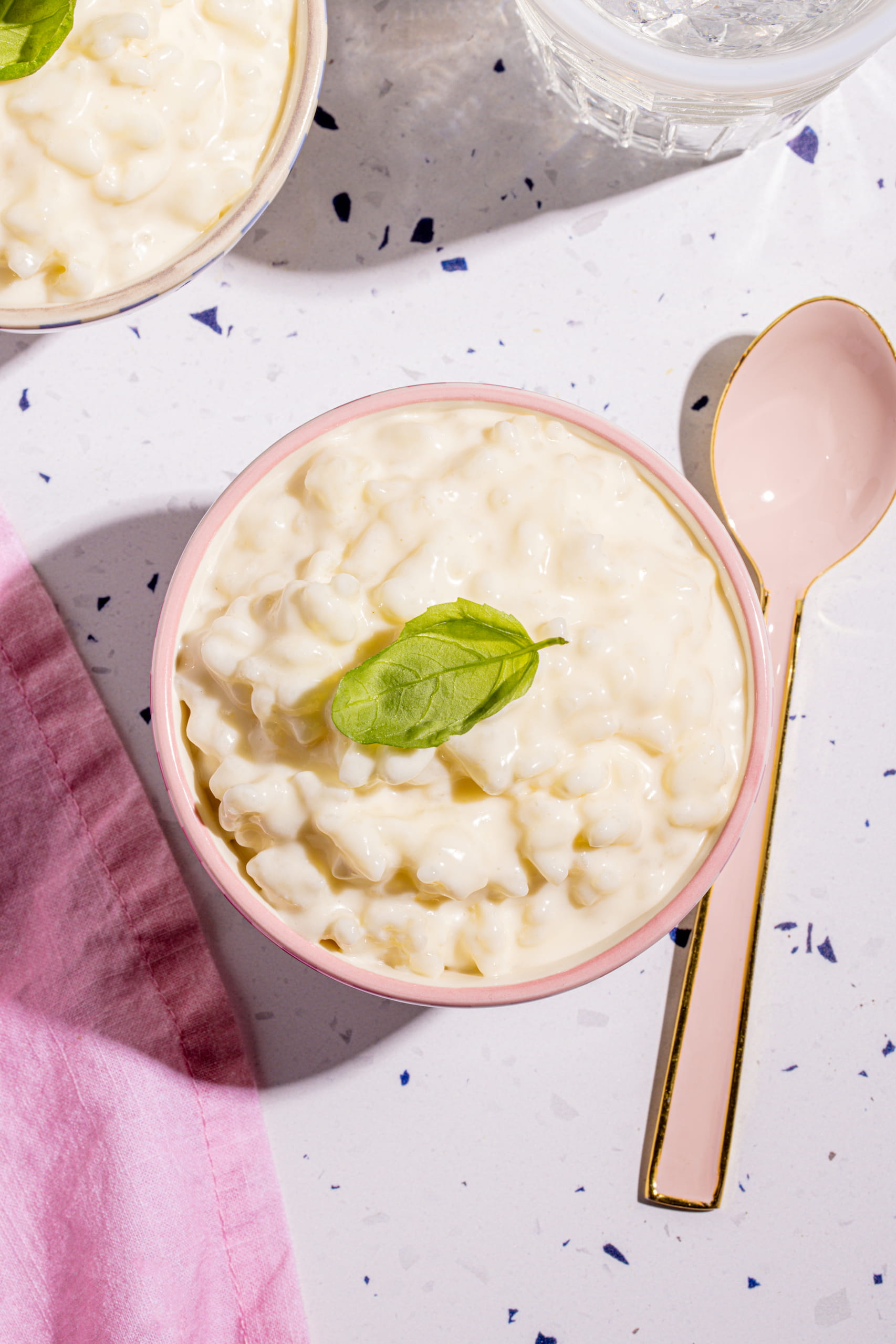 Riz au lait crémeux à la vanille servi dans un bol avec basilic