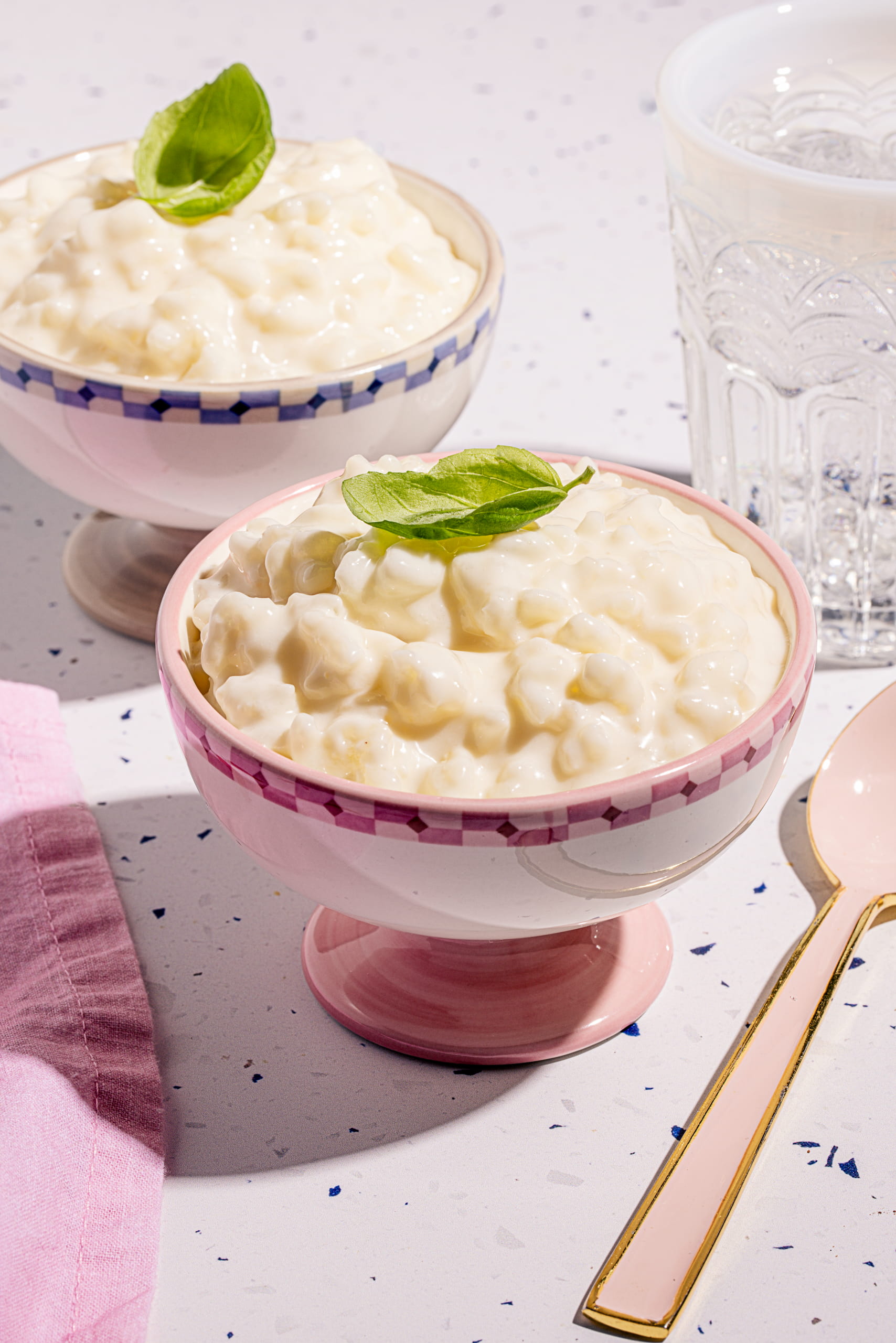 Riz au lait crémeux à la vanille servi dans un bol avec basilic