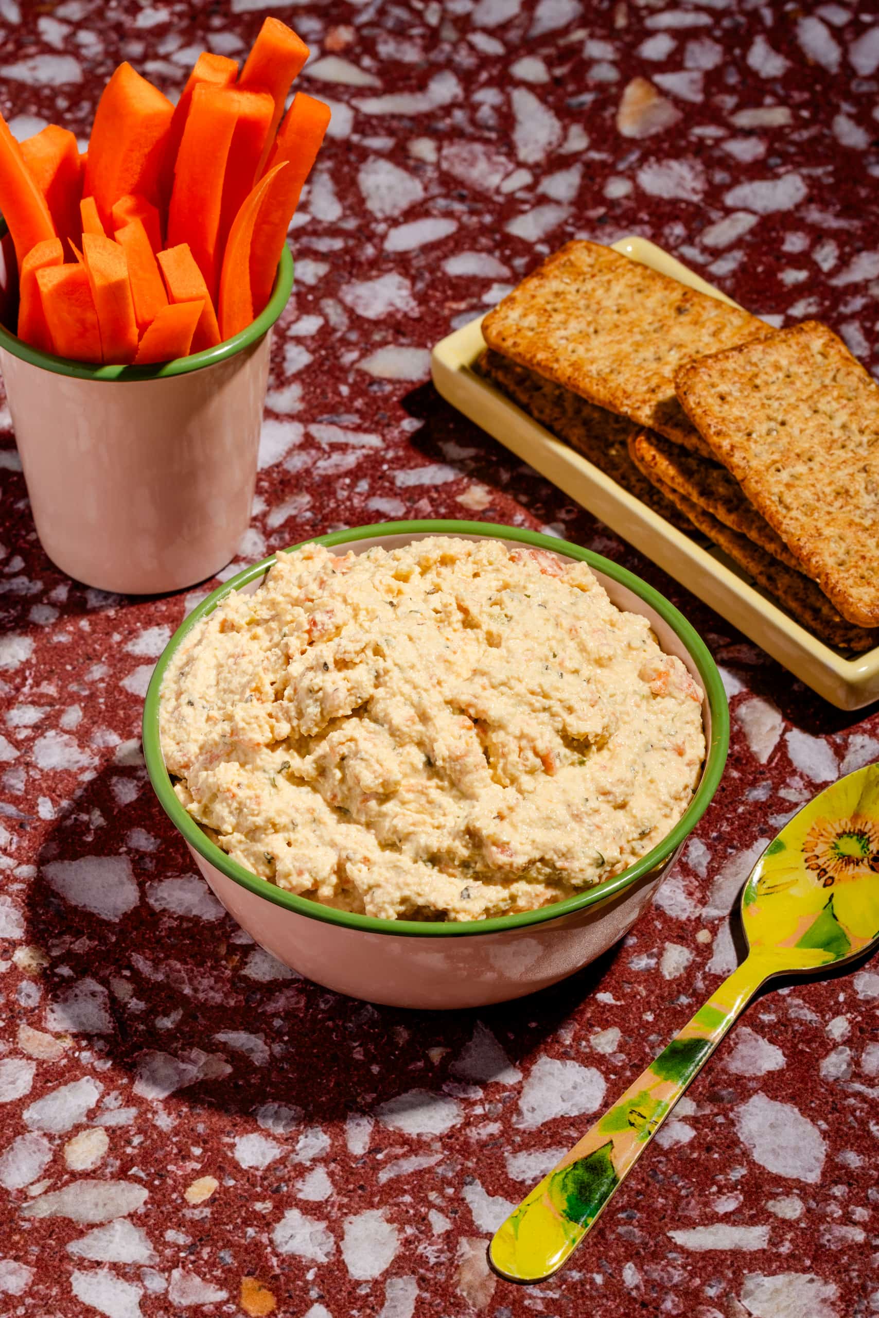Tartinade de tofu aux légumes maison crémeuse servie avec craquelins et légumes
