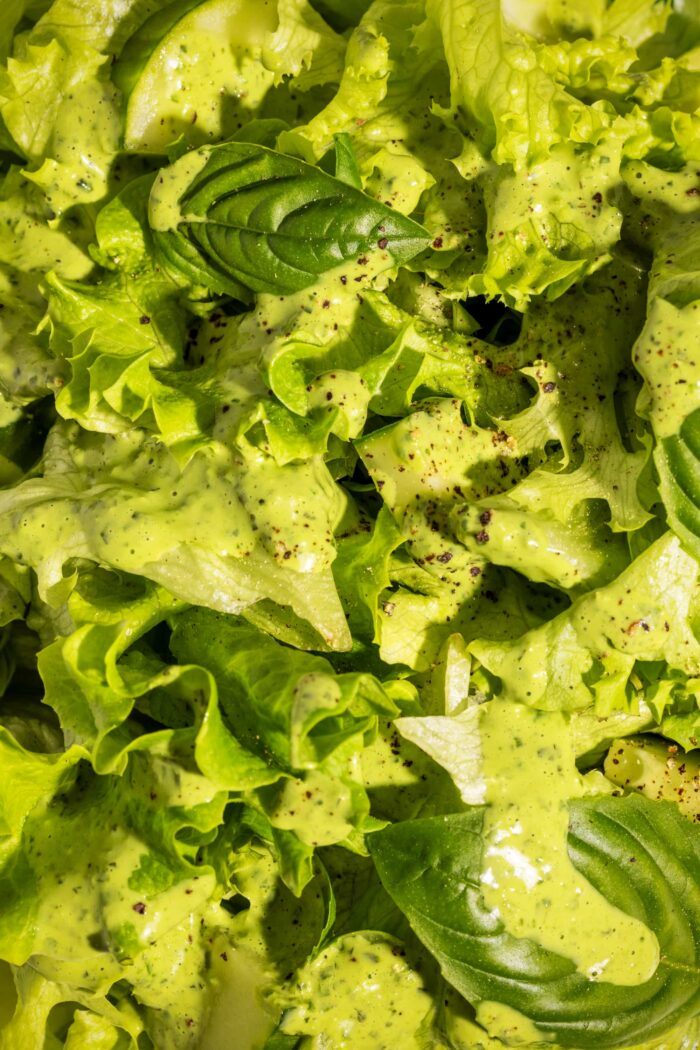 Vinaigrette au basilic onctueuse sur de la laitue