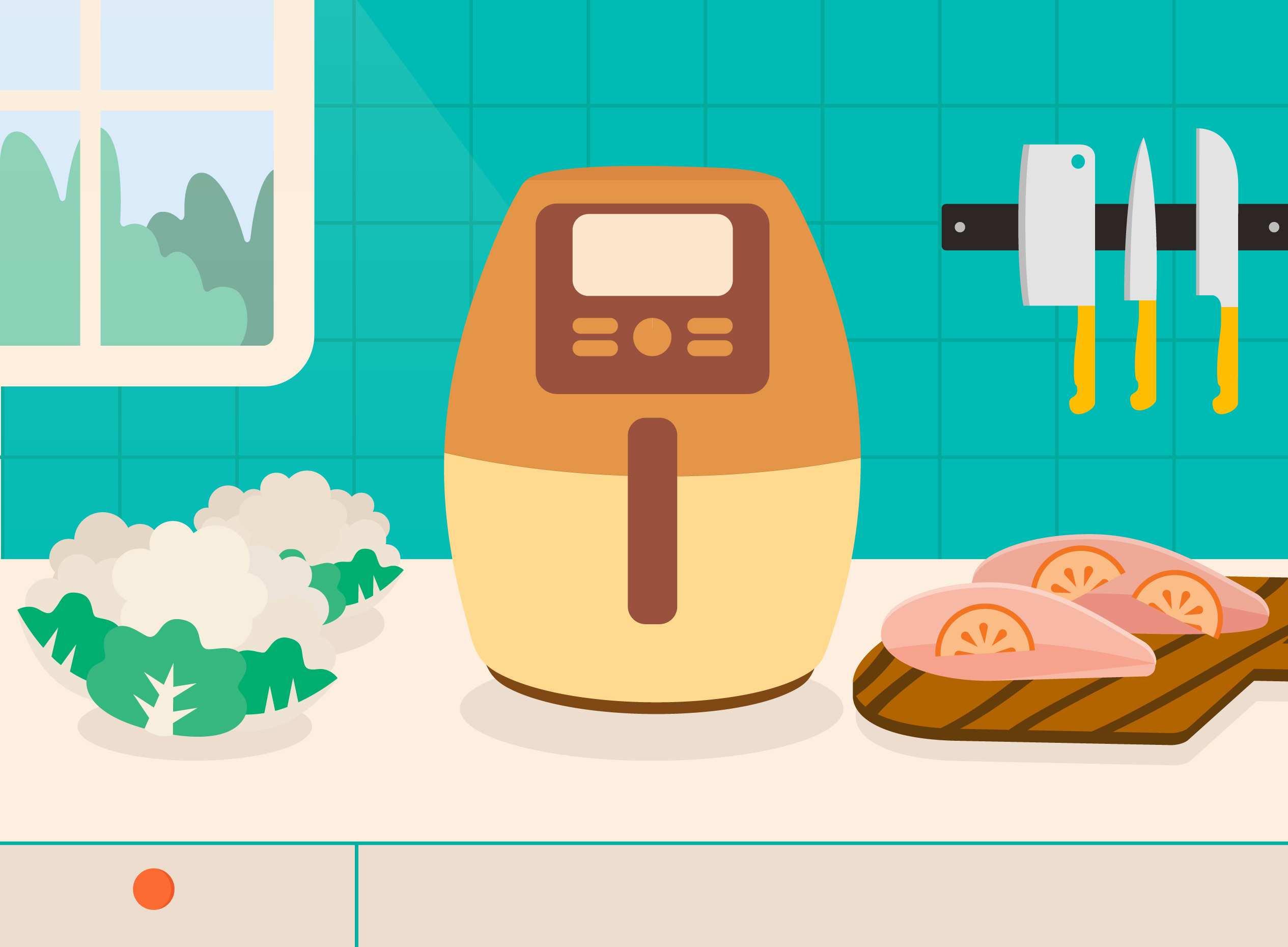 Illustration d'une friteuse à air et de poitrines de poulet au air fryer pour convertir la température et le temps de cuisson
