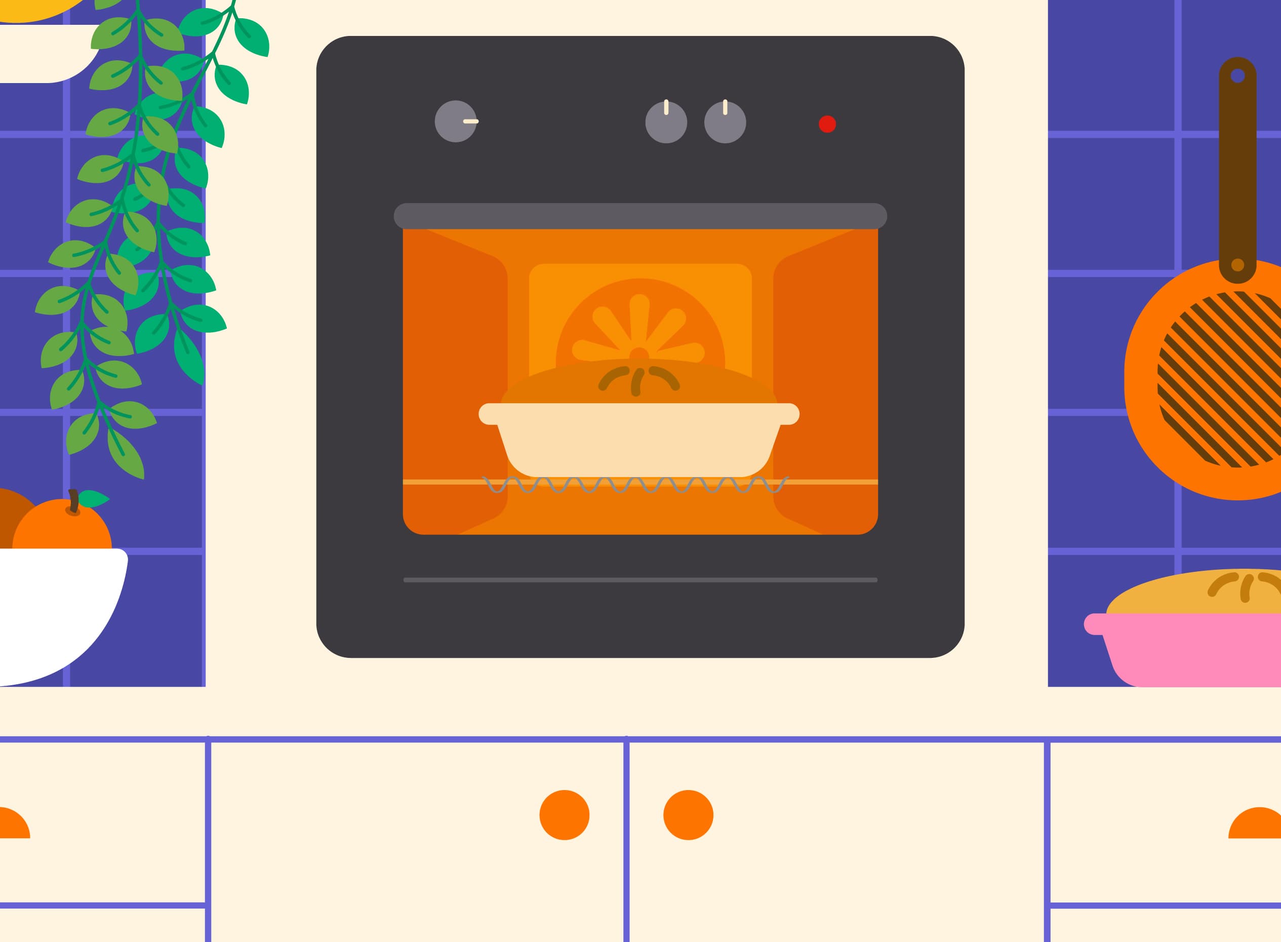 Illustration d'une cuisine avec une tarte qui cuit au four, pour convertir la température du four en Celsius et Fahrenheit