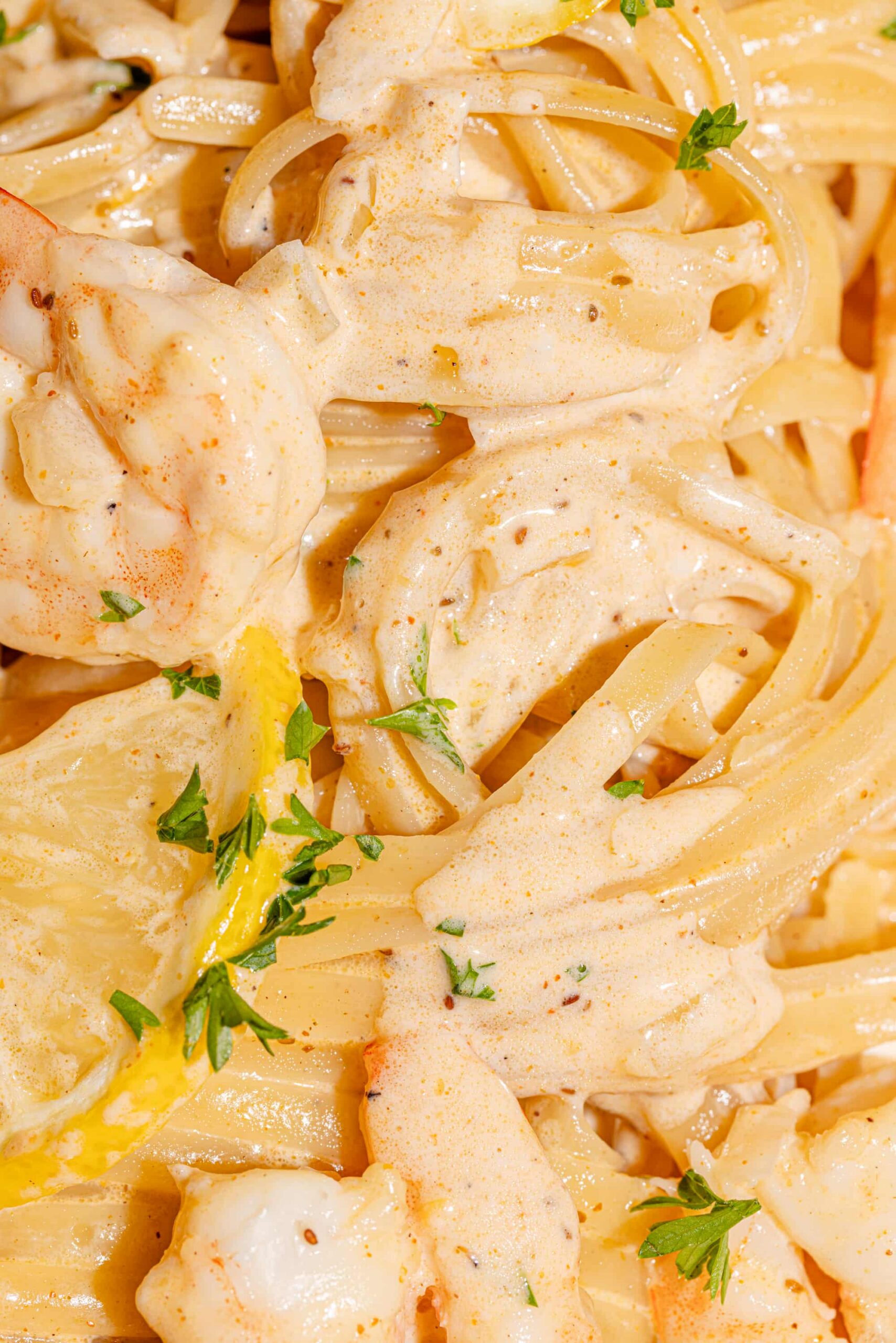Linguines crémeuses aux crevettes et au parmesan garnies de persil frais dans une assiette