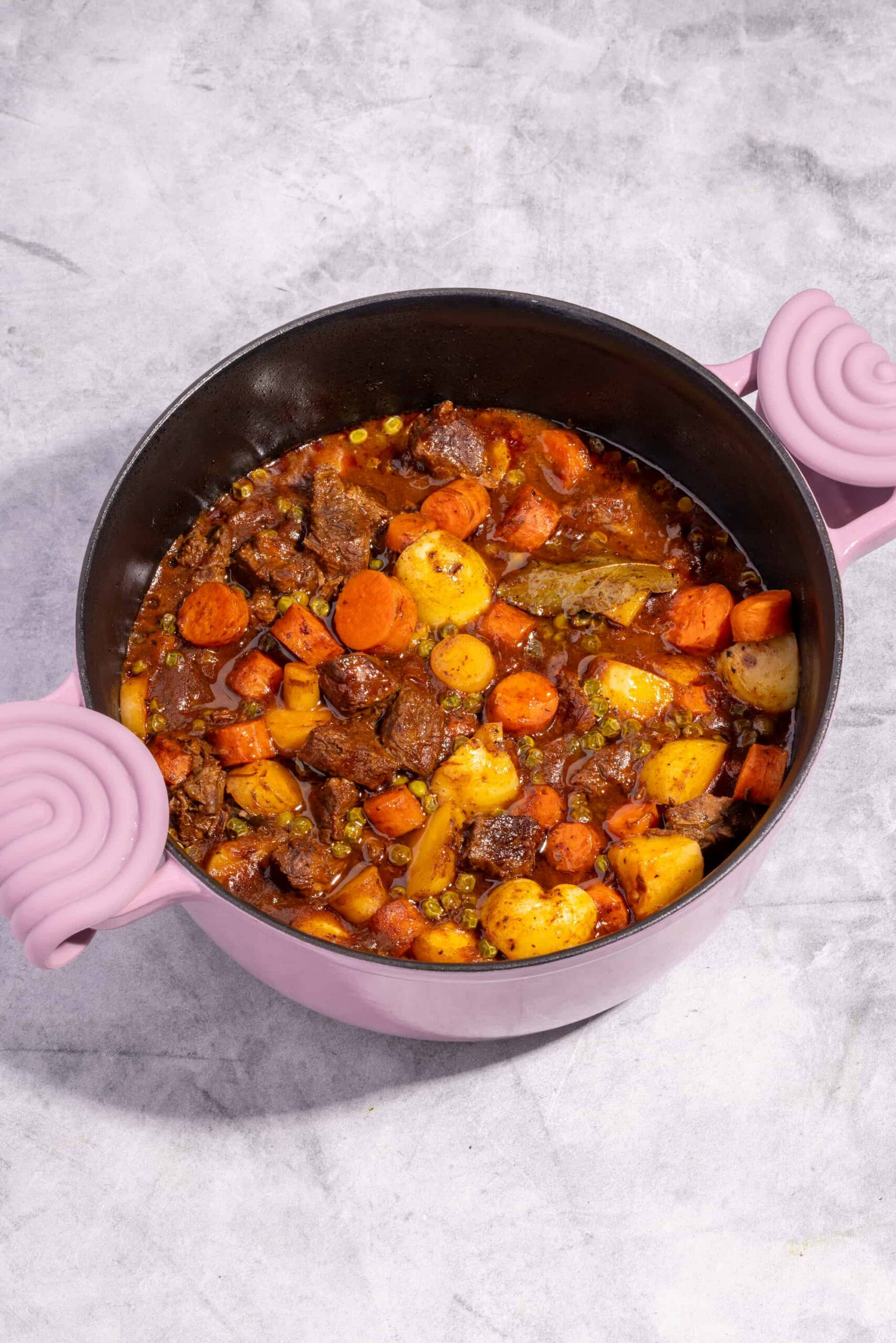 Bouilli de boeuf tomaté aux légumes racines servi bien chaud dans une cocotte
