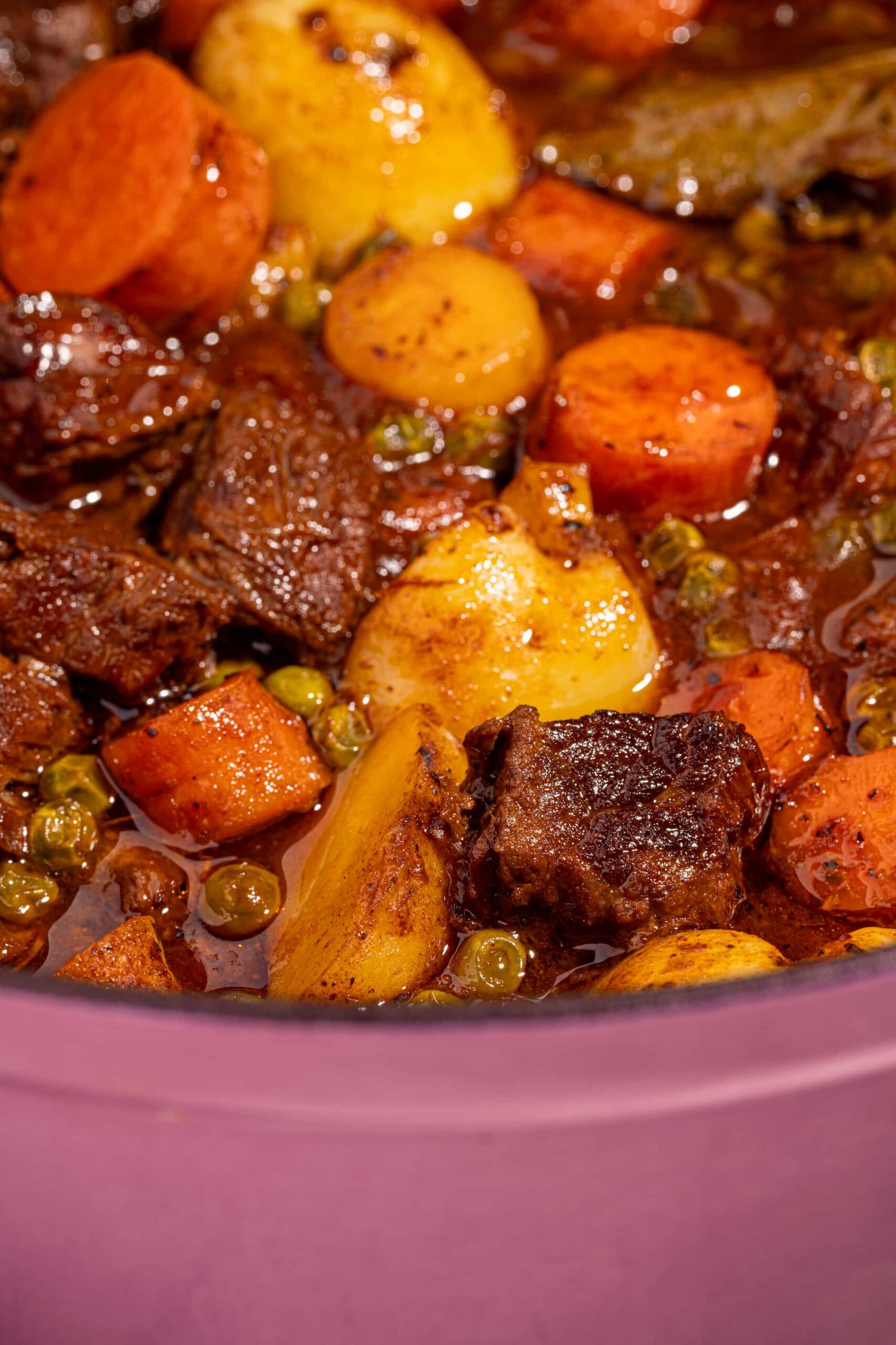Bouilli de boeuf tomaté aux légumes racines servi bien chaud dans une cocotte